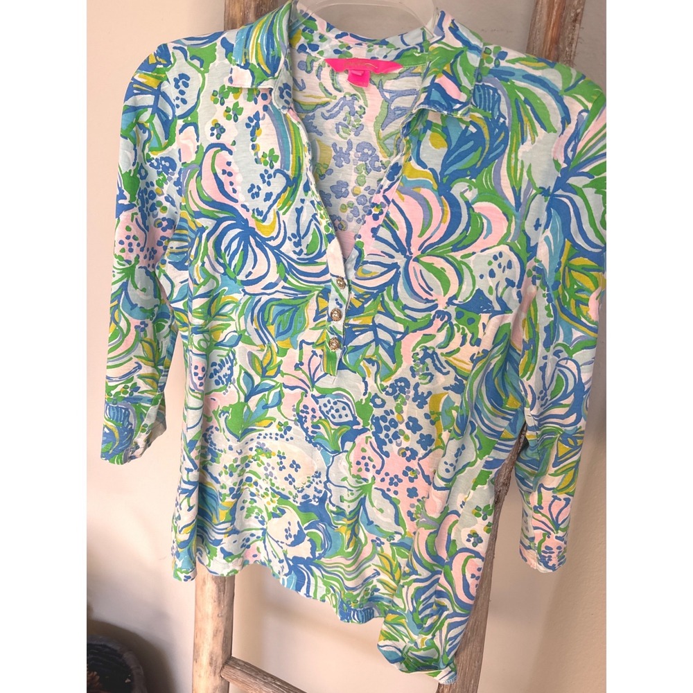 Lilly Pulitzer Ansley Polo 3/4 SleeveTop in the print  Feline Good Cotton M - Picture 9 of 9